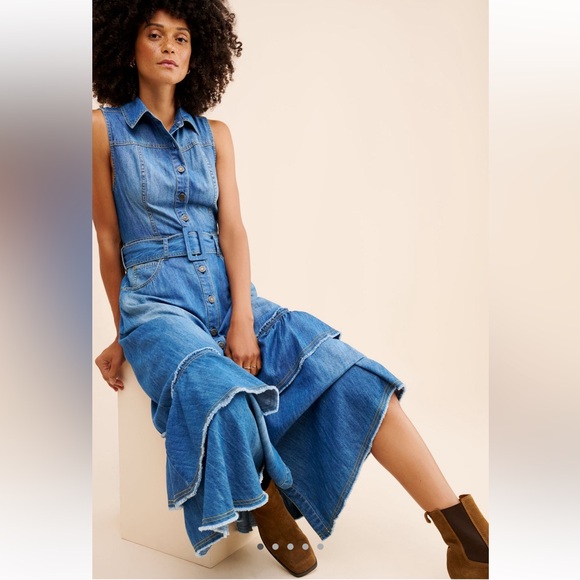 Free People Dresses & Skirts - Women's Free People Beau Midi Blue Denim Dress Sizes S & M